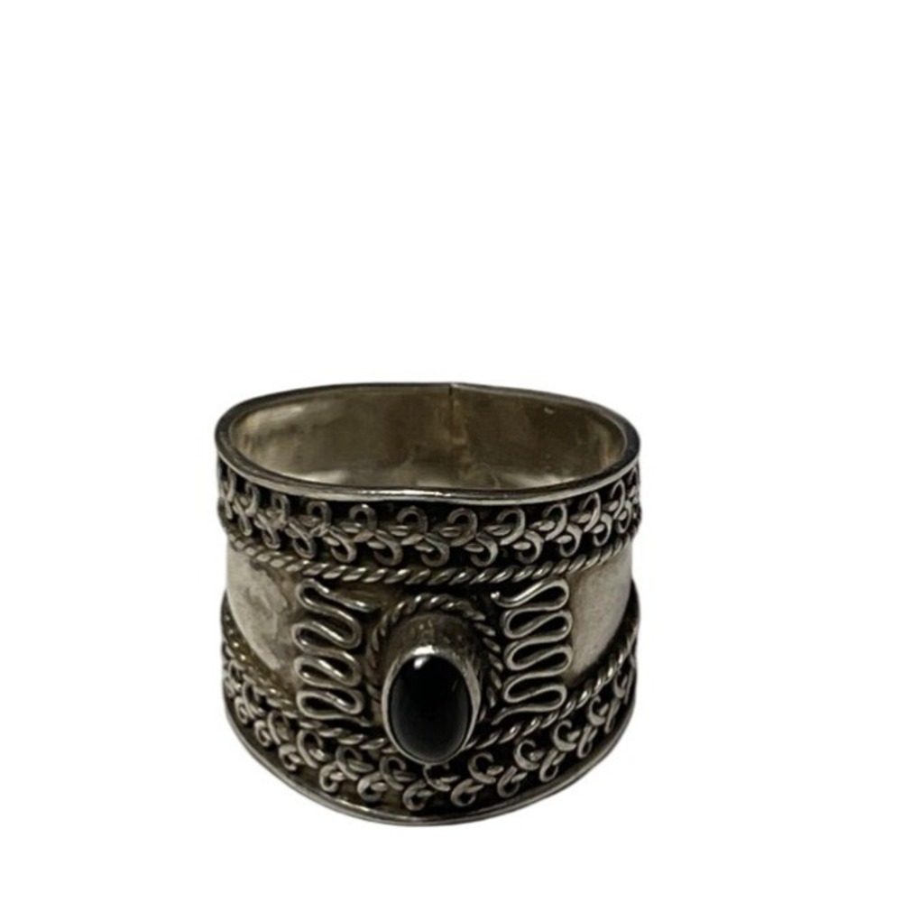 Sterling Silver Black Onyx Wide Cigar Band Ring 925 Balinese Filigree Size 7.25